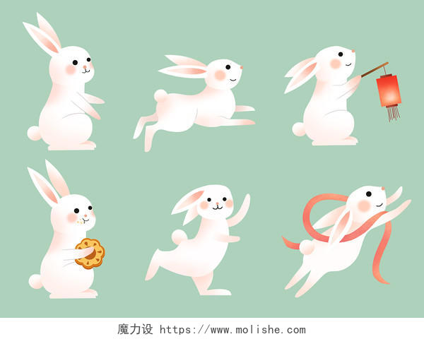 卡通中秋节兔子套图PNG插画素材